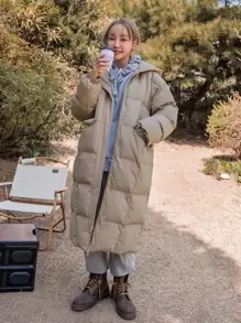 DAZY Drop Shoulder Zipper Hooded Puffer Thick Pockets Coat ,Winter Women Clothes,Winter Coat Women Jacket - Khaki - View 13