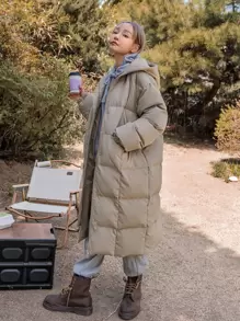 DAZY Drop Shoulder Zipper Hooded Puffer Thick Pockets Coat ,Winter Women Clothes,Winter Coat Women Jacket - Khaki - View 9