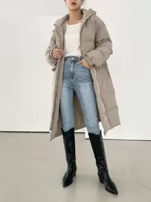 DAZY Drop Shoulder Zipper Hooded Puffer Thick Pockets Coat ,Winter Women Clothes,Winter Coat Women Jacket - Khaki - View 14