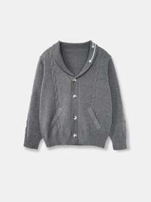 Boys Striped Trim Cable Knit Cardigan - Grey - View 1