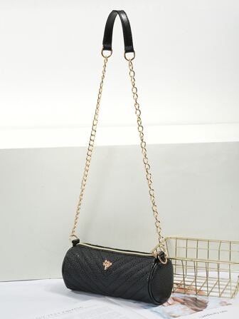 Fashion Niche Design V-Shaped Embroidered Metal Chain Shoulder Crossbody Round Pillow Bag, PU Leather Modern Style Women's Shopping Crossbody Bag
