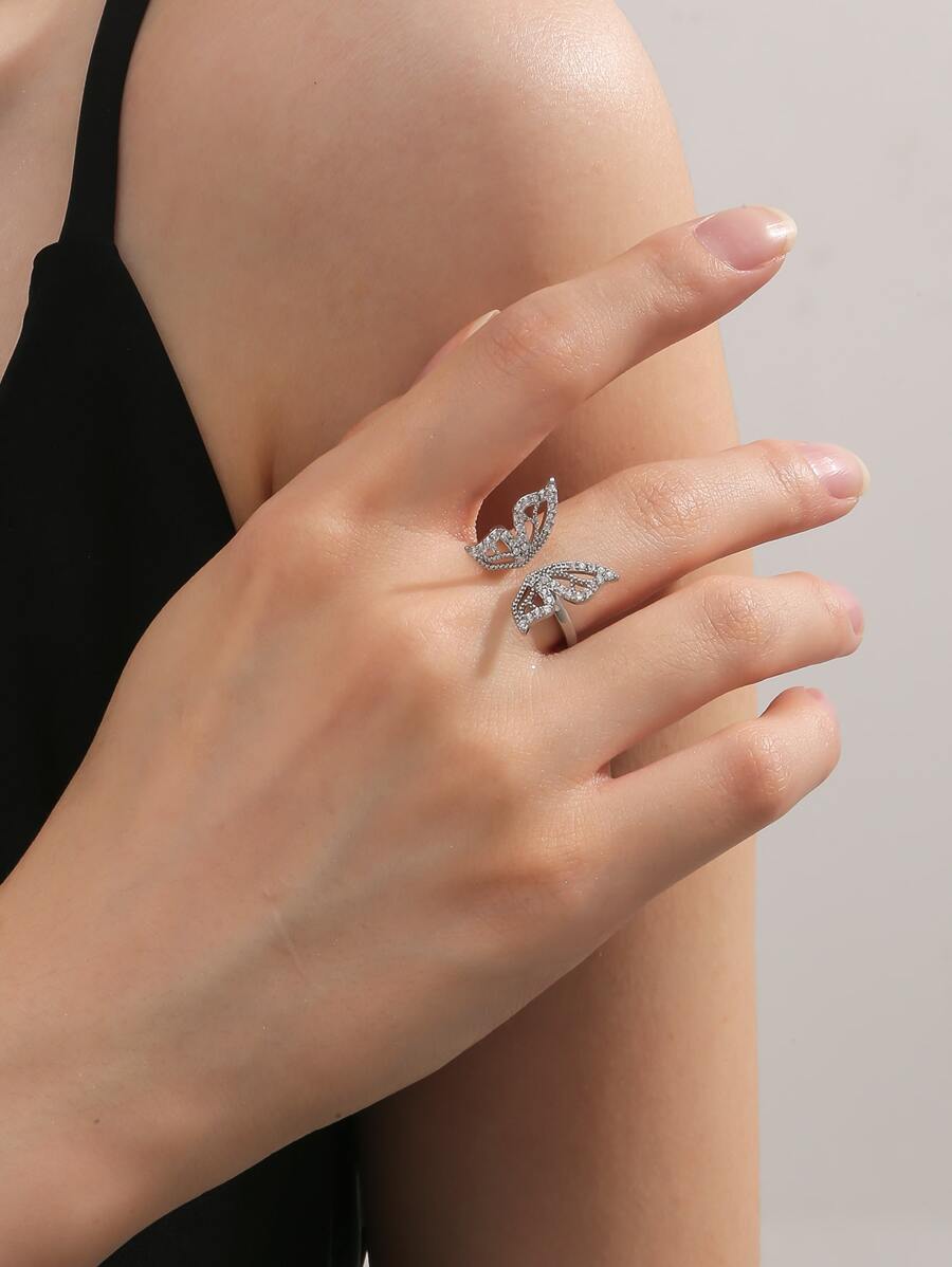 Rhinestone Butterfly Design Cuff Ring - Silver - View 1