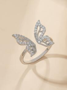 Rhinestone Butterfly Design Cuff Ring - Silver - View 2