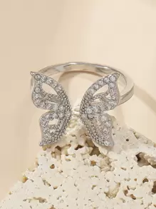 Rhinestone Butterfly Design Cuff Ring - Silver - View 3