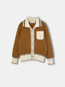 Girls Striped Trim Patched Pocket Cardigan - Brown - View 1