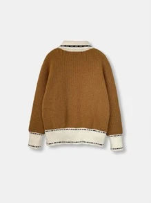 Girls Striped Trim Patched Pocket Cardigan - Brown - View 2