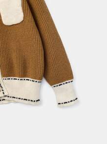 Girls Striped Trim Patched Pocket Cardigan - Brown - View 3