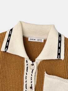 Girls Striped Trim Patched Pocket Cardigan - Brown - View 4