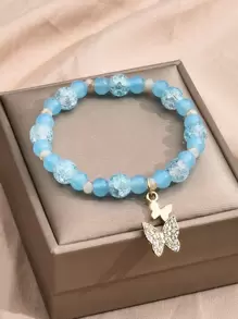 Rhinestone Butterfly Charm Beaded Bracelet - Baby Blue - View 1