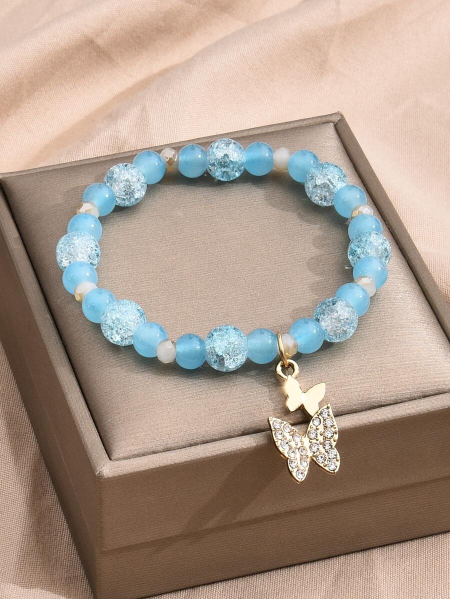 Rhinestone Butterfly Charm Beaded Bracelet - Baby Blue - View 1