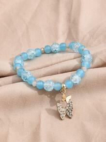 Rhinestone Butterfly Charm Beaded Bracelet - Baby Blue - View 2