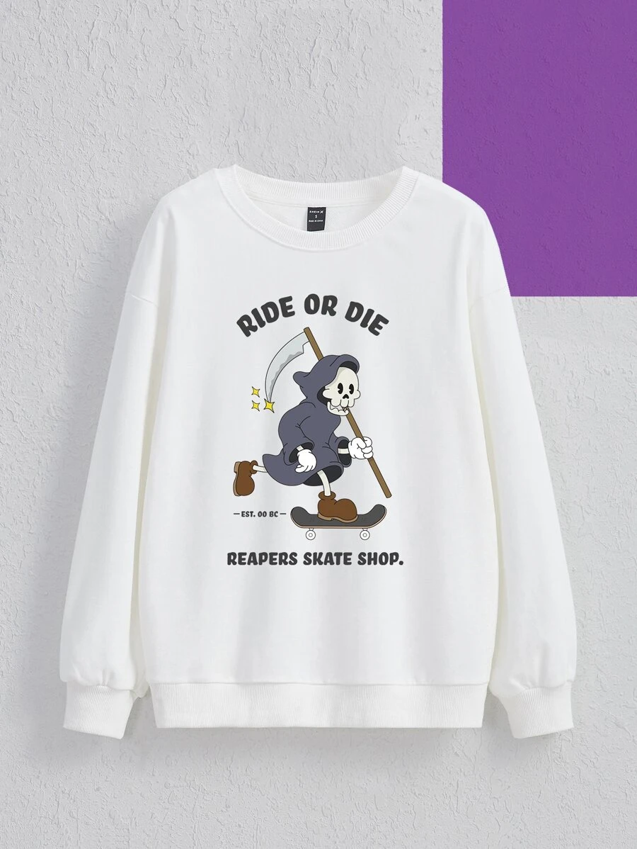 Matt Tam Skull & Slogan Graphic Drop Shoulder Sweatshirt - White - View 1