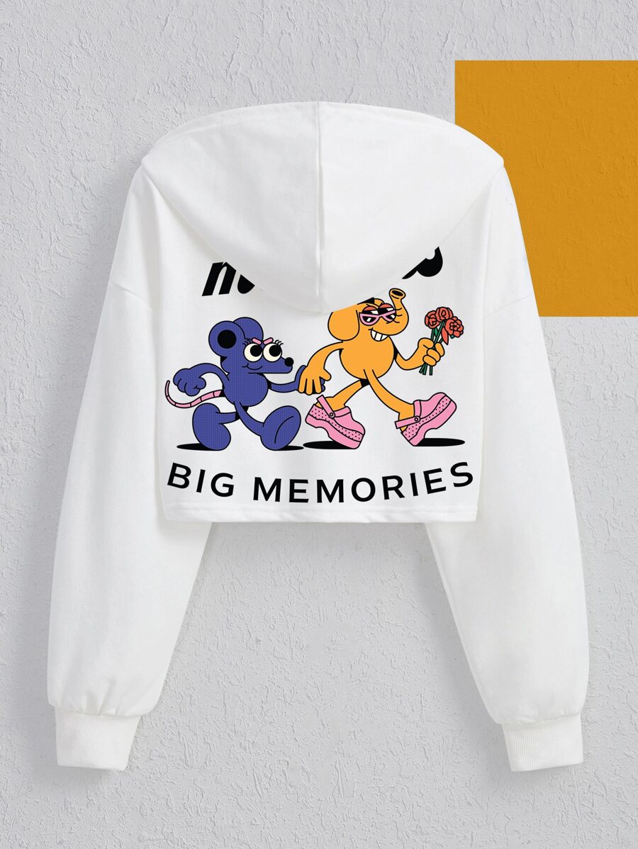 Antonay Cartoon & Slogan Graphic Drawstring Crop Hoodie - White - View 1