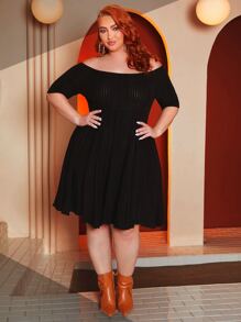 SHEIN CURVE+ Plus Off Shoulder Asymmetrical Ruffle Hem Dress - Black - View 7