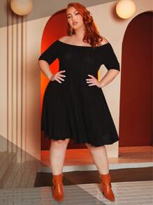 SHEIN CURVE+ Plus Off Shoulder Asymmetrical Ruffle Hem Dress - Black - View 2