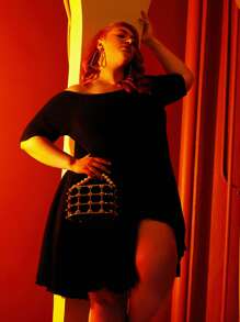 SHEIN CURVE+ Plus Off Shoulder Asymmetrical Ruffle Hem Dress - Black - View 3