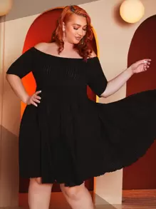 SHEIN CURVE+ Plus Off Shoulder Asymmetrical Ruffle Hem Dress - Black - View 1
