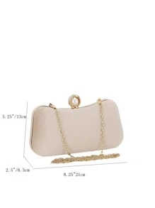 Brillo, brillante, lujoso, glamuroso, elegante, exquisito bolso con cadena de terciopelo con decoraciónación de perlas de imitación, bolso de novia perfecto para bodas, bailes y eventos de fiesta para niñas, mujeres, estudiantes universitarios, novatos y trabajadores de cuello blanco para fiestas, bailes, bodas - Albaricoque - Ver 4