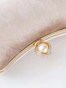 Brillo, brillante, lujoso, glamuroso, elegante, exquisito bolso con cadena de terciopelo con decoraciónación de perlas de imitación, bolso de novia perfecto para bodas, bailes y eventos de fiesta para niñas, mujeres, estudiantes universitarios, novatos y trabajadores de cuello blanco para fiestas, bailes, bodas - Albaricoque - Ver 7