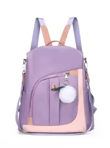 Colour Block Functional Backpack With Pompom Charm - Purple - View 1