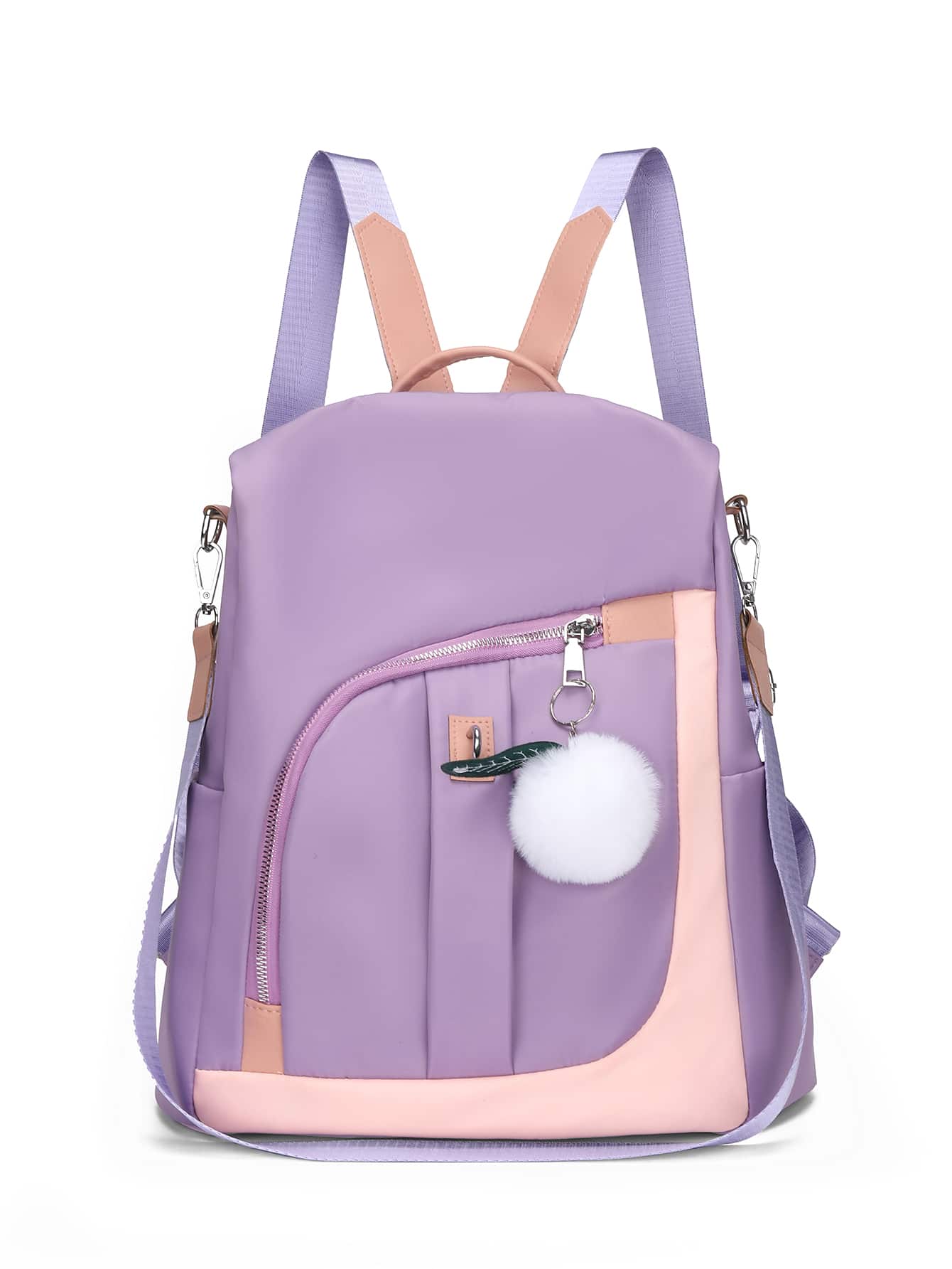 Colour Block Functional Backpack With Pompom Charm - Purple - View 1