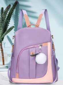 Colour Block Functional Backpack With Pompom Charm - Purple - View 2