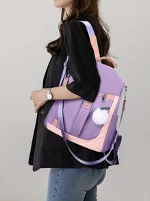 Colour Block Functional Backpack With Pompom Charm - Purple - View 3