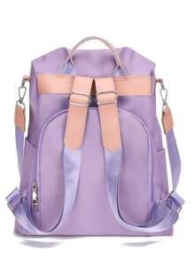 Colour Block Functional Backpack With Pompom Charm - Purple - View 5