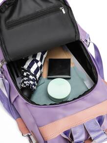 Colour Block Functional Backpack With Pompom Charm - Purple - View 4
