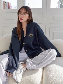 Thêu Hoạt hình Thả vai Áo nỉ - Màu xanh hải quân - Xem 3