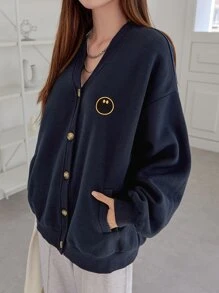 Thêu Hoạt hình Thả vai Áo nỉ - Màu xanh hải quân - Xem 4