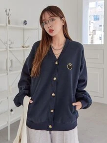 Thêu Hoạt hình Thả vai Áo nỉ - Màu xanh hải quân - Xem 5