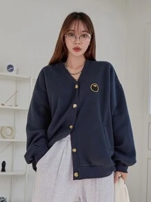 Thêu Hoạt hình Thả vai Áo nỉ - Màu xanh hải quân - Xem 7