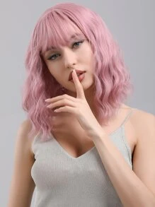 Pelucas Bob con flequillo Color rosa peluca ondulada de agua pelucas sintéticas de fibra resistente al calor de onda profunda de 16 pulgadas para mujeres de uso diario - Rosa - Ver 3