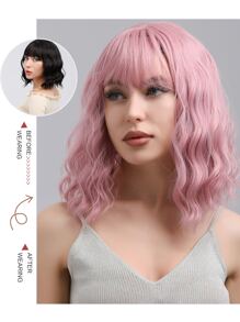 Pelucas Bob con flequillo Color rosa peluca ondulada de agua pelucas sintéticas de fibra resistente al calor de onda profunda de 16 pulgadas para mujeres de uso diario - Rosa - Ver 4