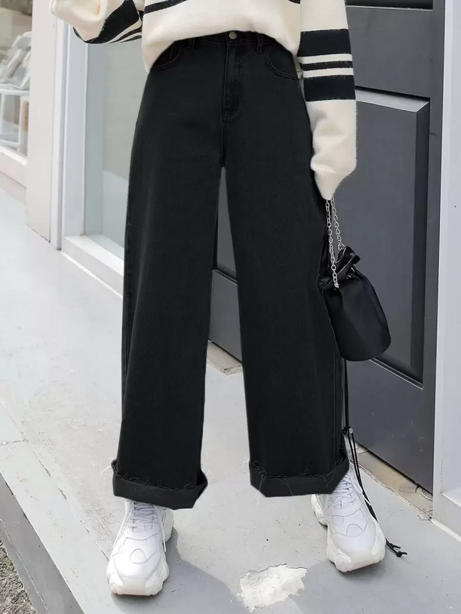 DAZY Quần jean chi tiết túi ống rộng - màu đen - Xem 1