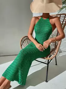 Breezaya Vestido ajustado de croché de espalda abierta de cuello halter - Verde - Ver 5