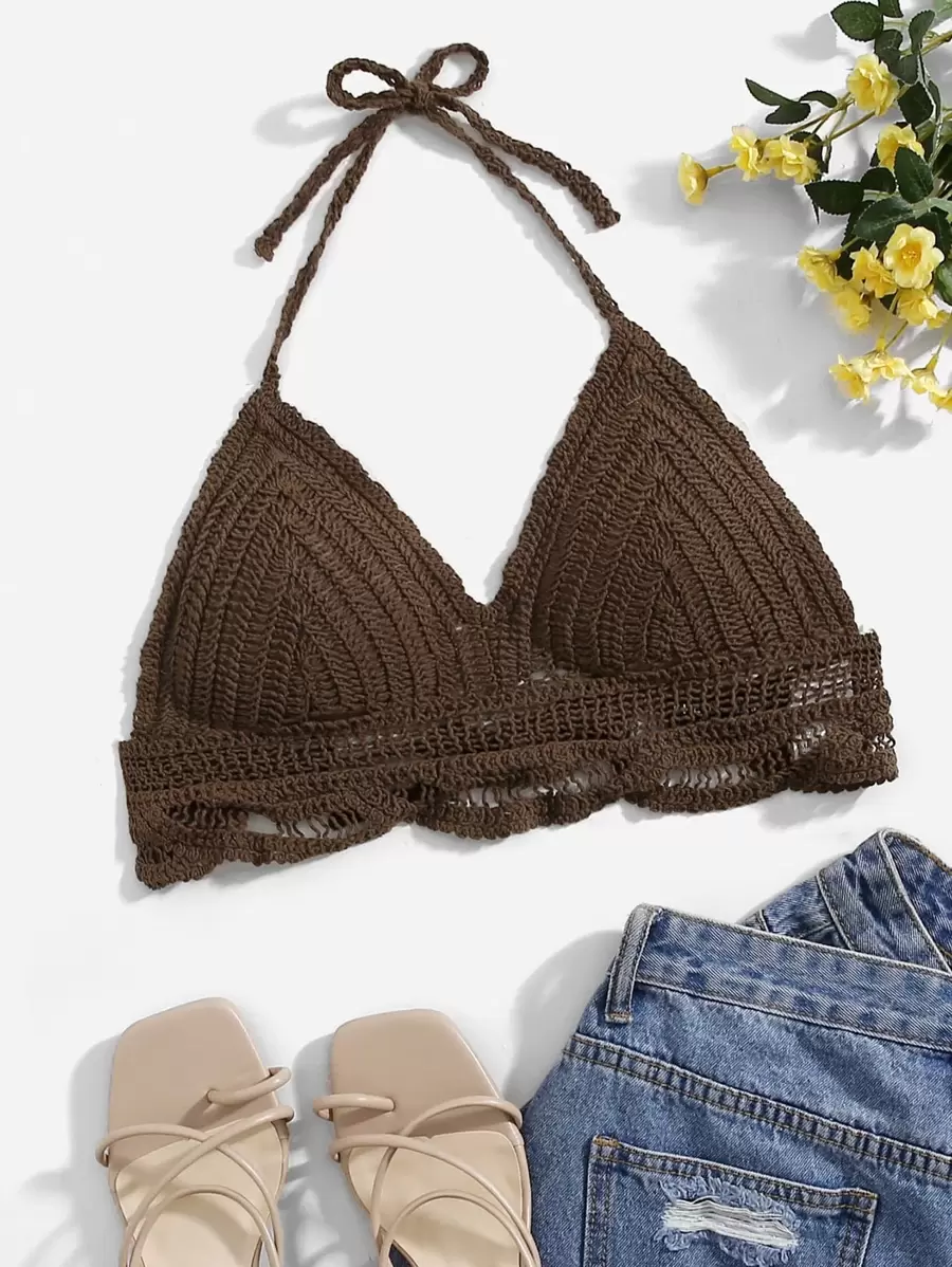 SHEIN Swim Crochet Halter Bikini Top,Summer Beach - Coffee Brown - View 1