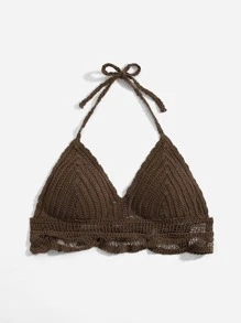 SHEIN Swim Crochet Halter Bikini Top,Summer Beach - Coffee Brown - View 3
