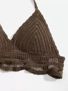 SHEIN Swim Crochet Halter Bikini Top,Summer Beach - Coffee Brown - View 4