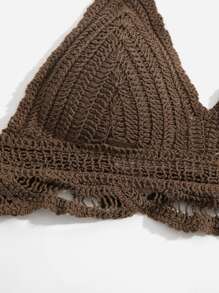 SHEIN Swim Crochet Halter Bikini Top,Summer Beach - Coffee Brown - View 5