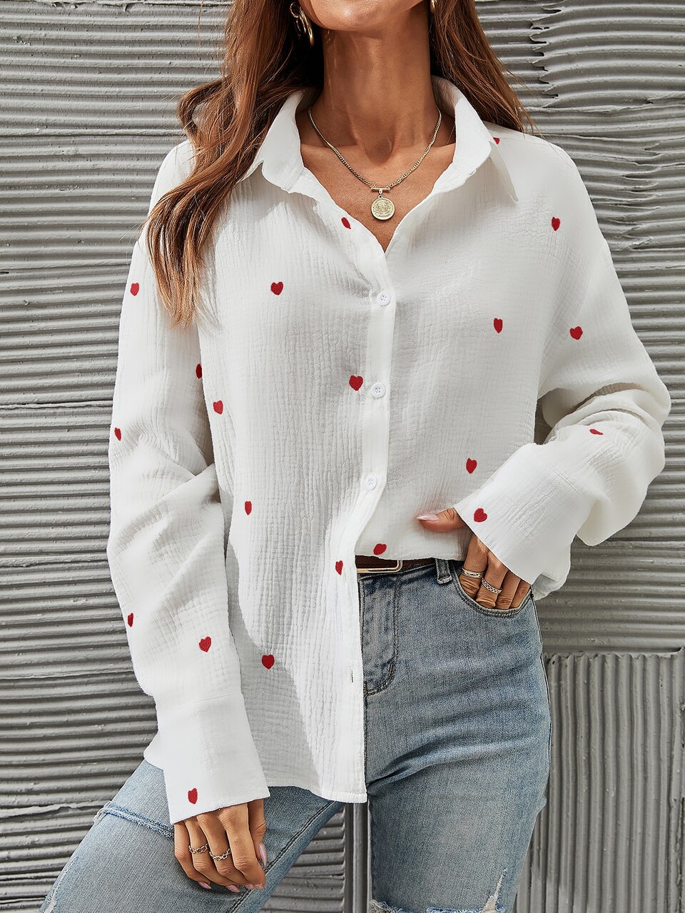 Heart Embroidery Drop Shoulder Shirt,Long Sleeve Tops Fall Cloth For Women, Christmas
