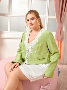 SHEIN Unity 大碼蕾絲拼接雙排釦西裝外套 - 青檸色 - 查看 5