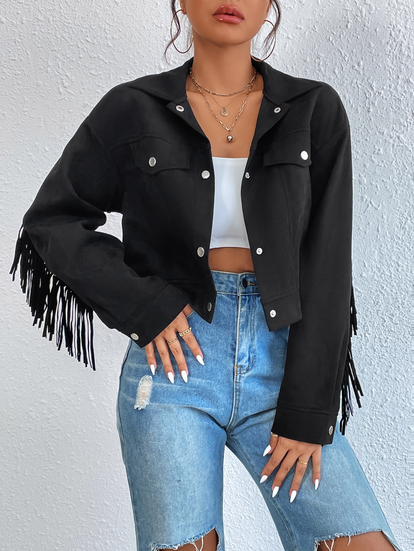 Drop Shoulder Fringe Trim Jacket SHEIN EUR