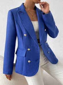 SHEIN Essnce Double Breasted Flap Detail Blazer - Royal Blue - View 1