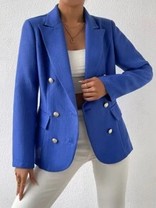 SHEIN Essnce Double Breasted Flap Detail Blazer - Royal Blue - View 5