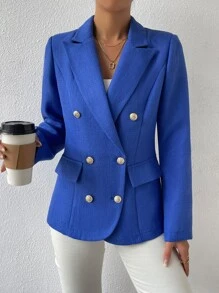 SHEIN Essnce Double Breasted Flap Detail Blazer - Royal Blue - View 6