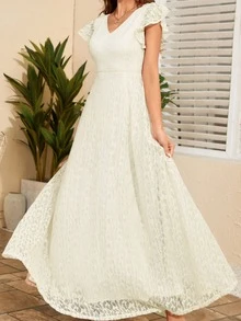 Butterfly Sleeve Lace A-line Dress - Beige - View 7