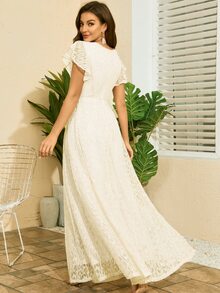 Butterfly Sleeve Lace A-line Dress - Beige - View 2