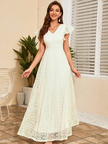 Butterfly Sleeve Lace A-line Dress - Beige - View 5